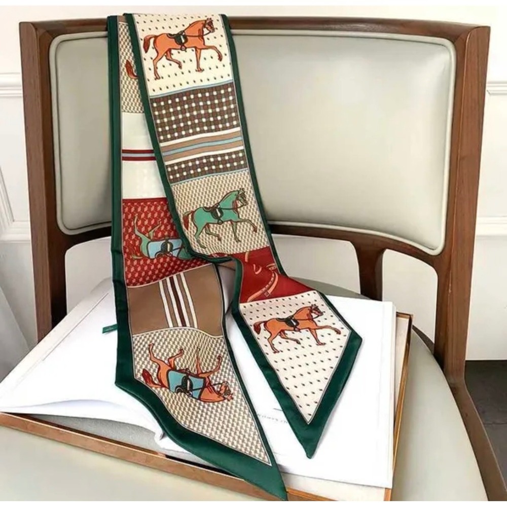 Green Equestrian Horse Print Skinny Scarf Twilly Handbag Ribbon 36 Inch